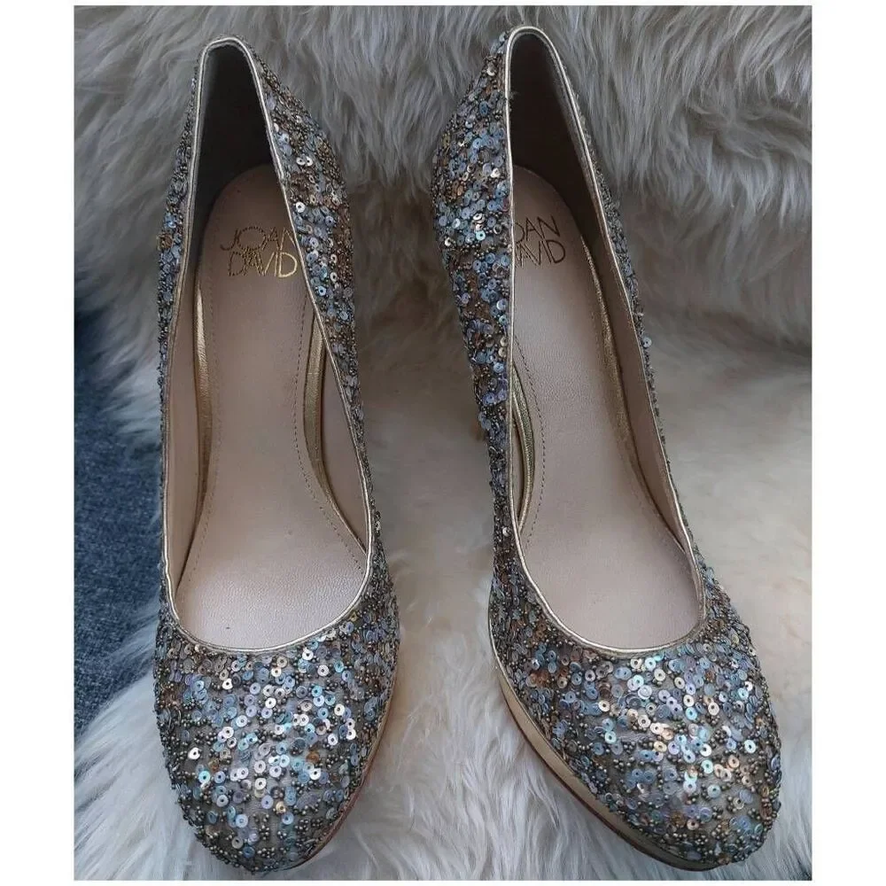 Joan & David Gold Sequin Platform Heels Pumps Size 6 Metallic Glam Party - Picture 4 of 12